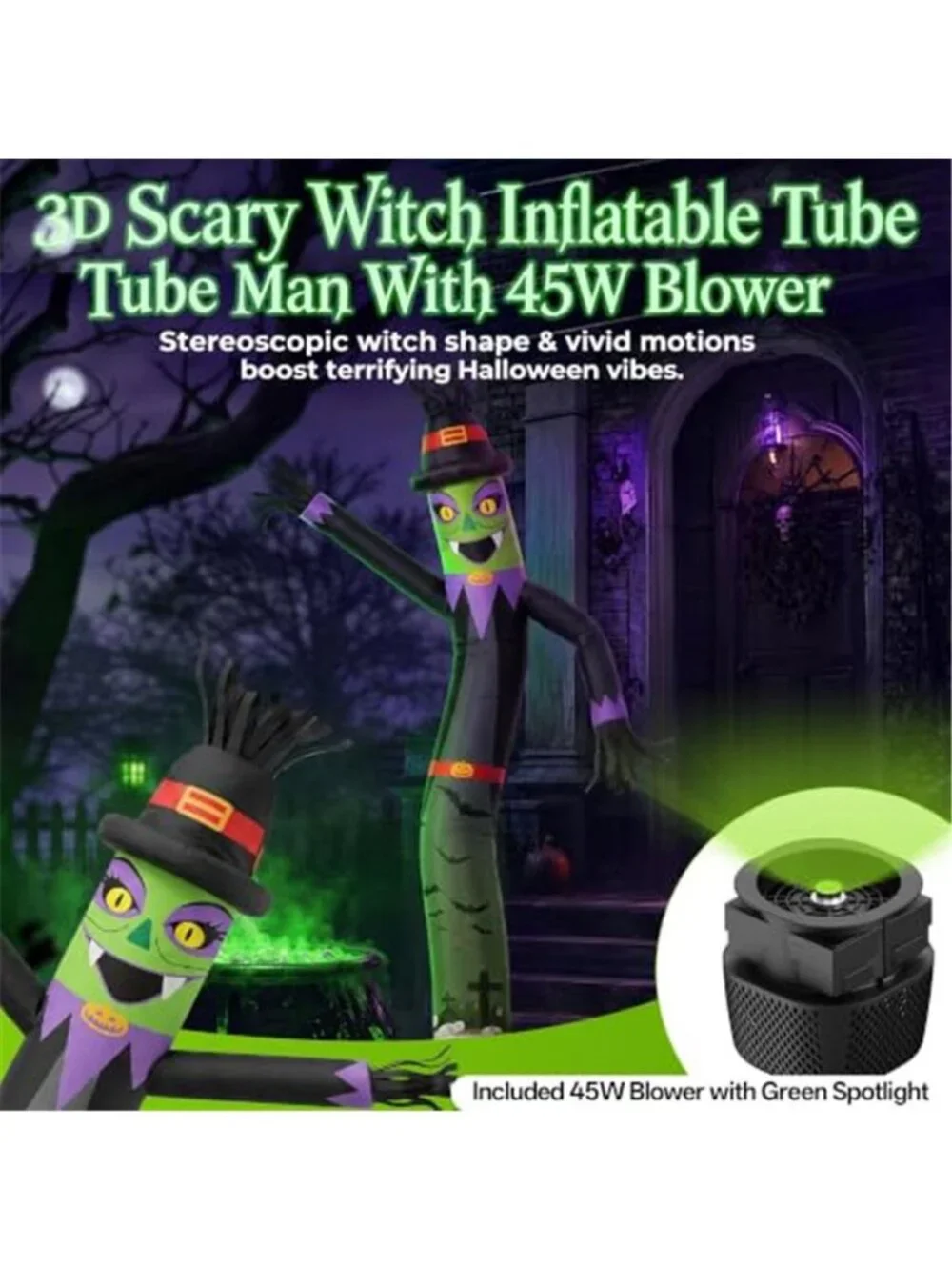 Halloween Witch Inflatable Tube Man 6ft,with 45W Blower+Green Spotlight